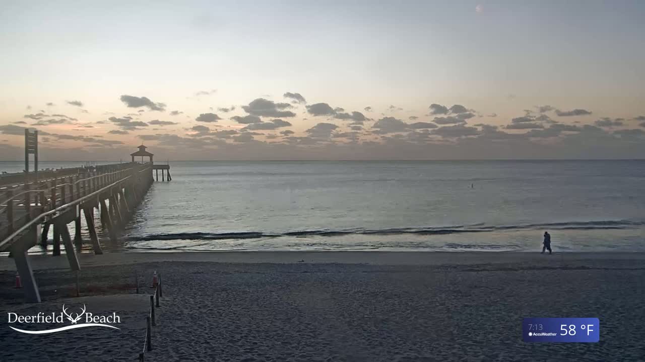 A long pier extends into a calm ocean under a partly cloudy, dusky sky, with a single person walking along the beach in the foreground.
