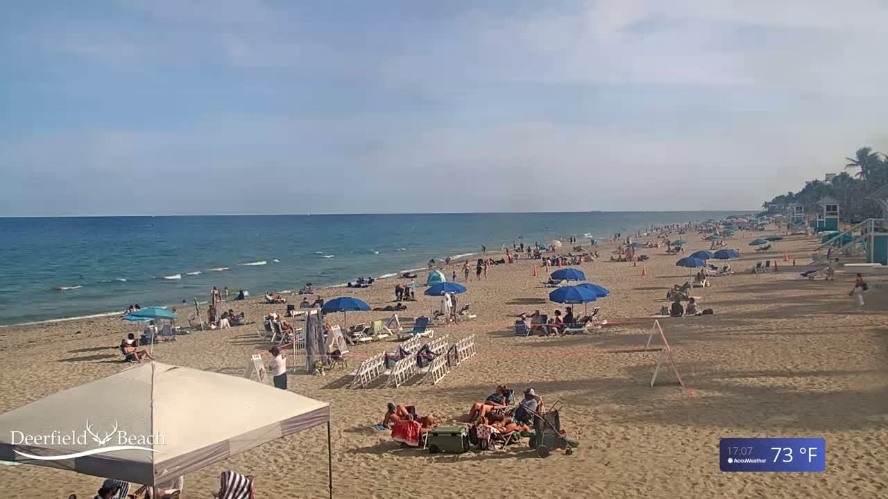 A sandy beach with many people under umbrellas, on lounge chairs, and in the water on a sunny day with a calm ocean.