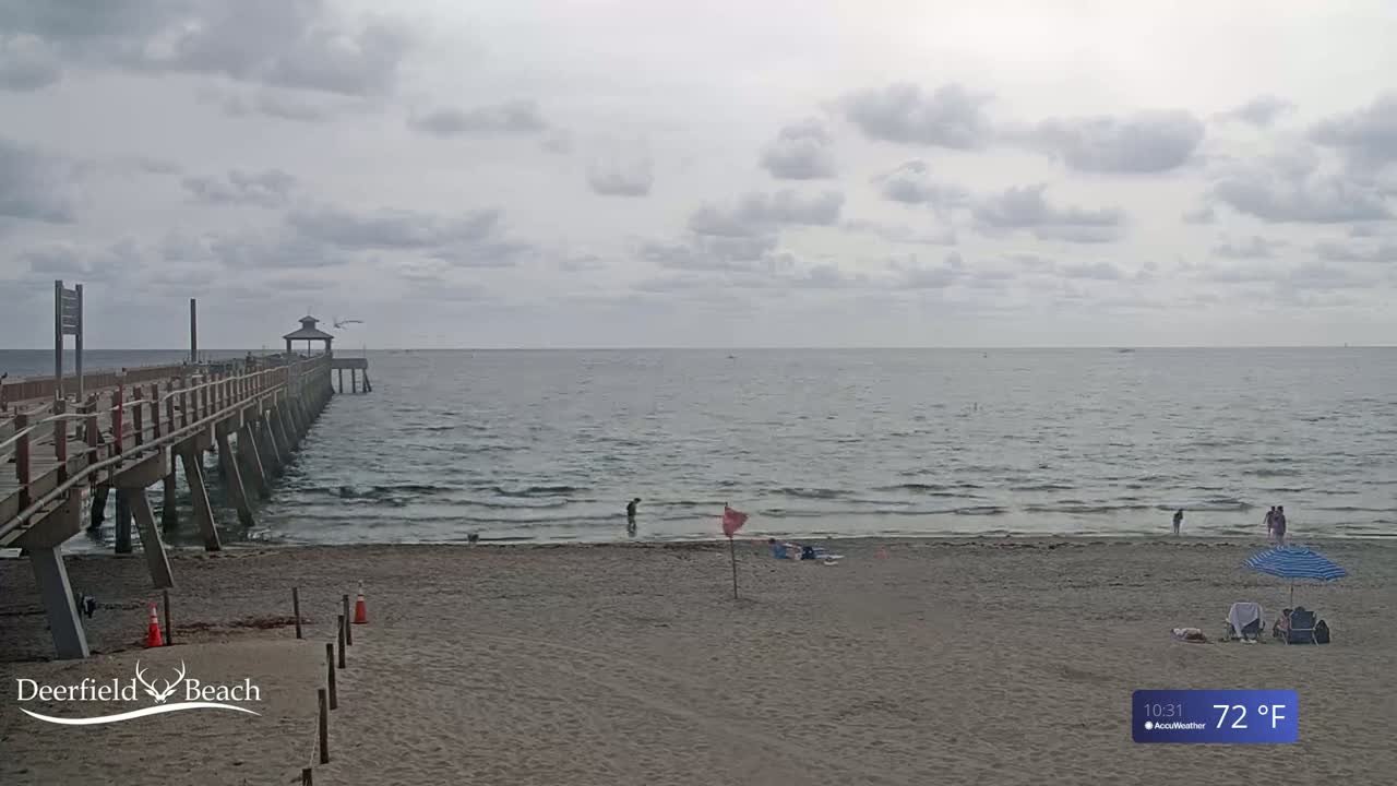 A long wooden pier extends into a calm, gray-skied ocean, with a sandy beach and several people visible along the shore.