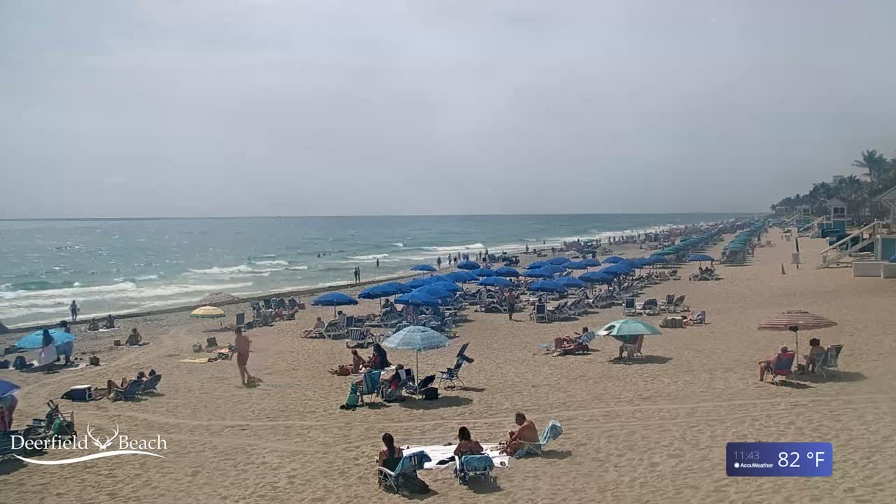 A sandy beach with numerous blue umbrellas and beachgoers under a partly sunny sky, with a moderately wavy ocean in the background.