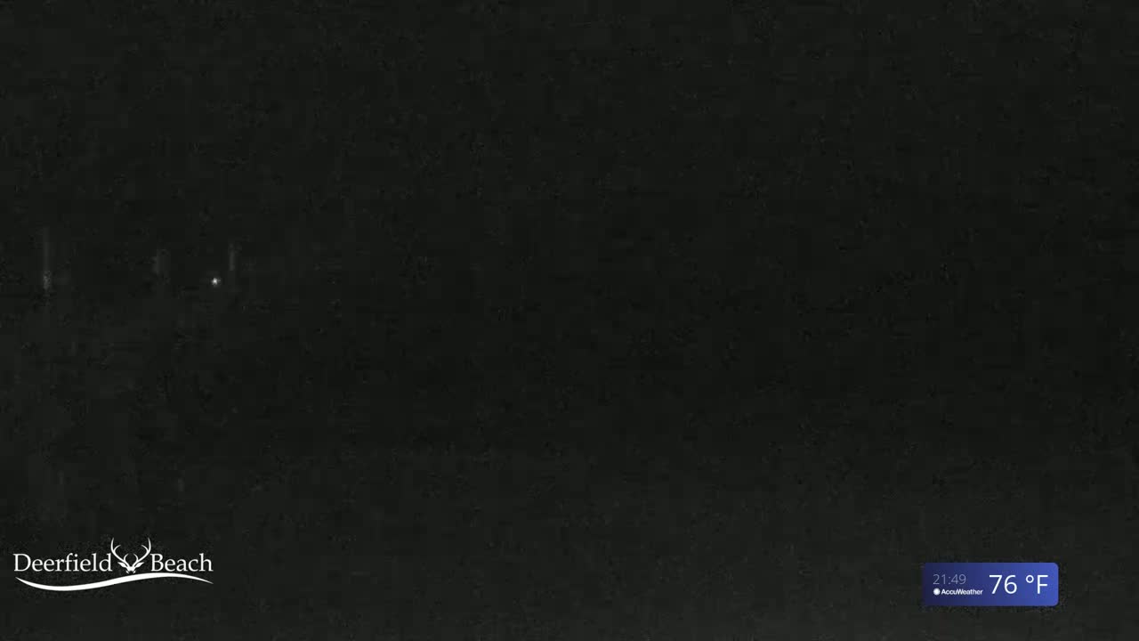 A dark, nighttime scene shows a few faint lights in the distance under a clear sky, with a temperature of 76°F.