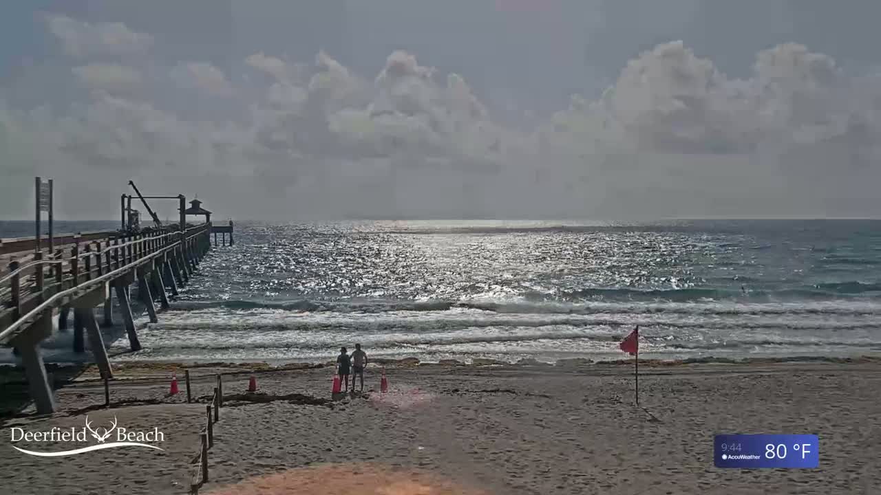 A long pier extends over a beach with moderate waves under a partly cloudy sky, and two people stand on the sandy shore.