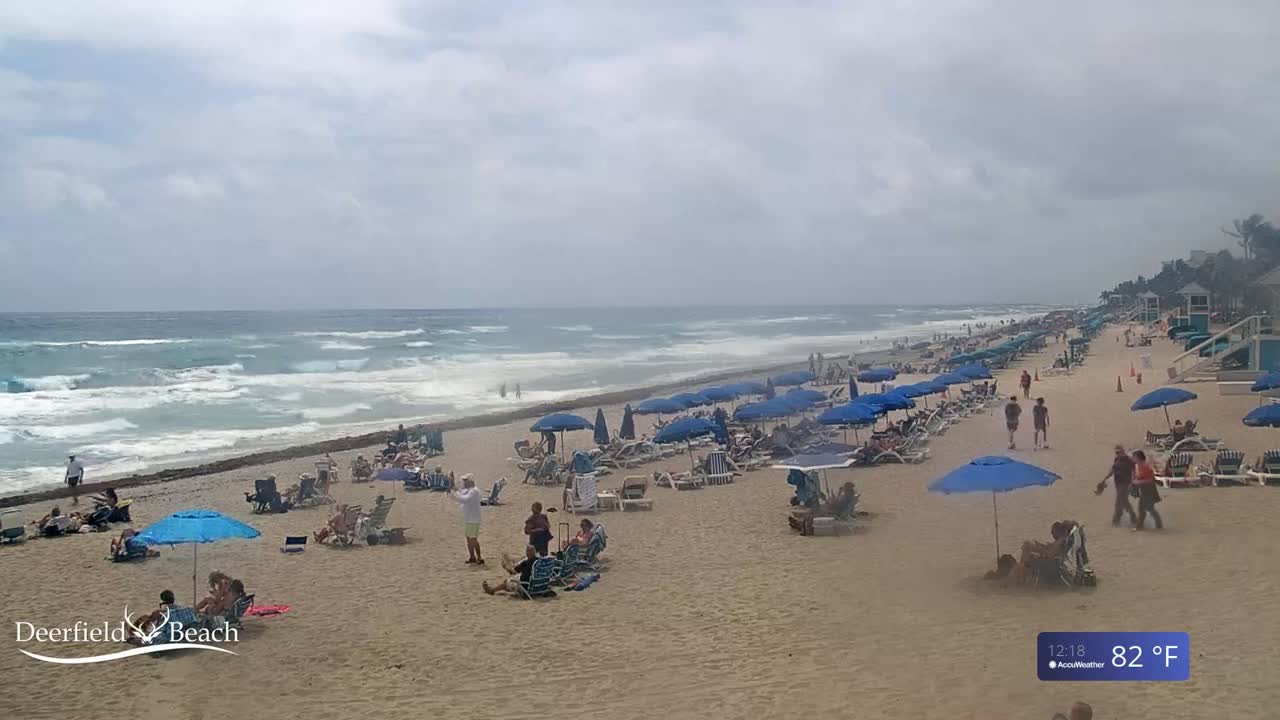 A sandy beach with numerous blue umbrellas and beachgoers under an overcast sky, with moderately rough ocean waves.