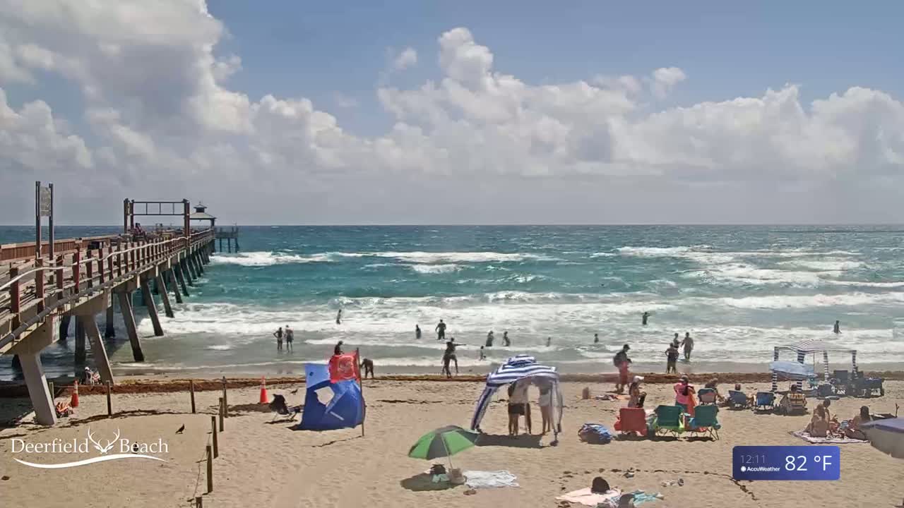 A sandy beach with people swimming and relaxing under a partly cloudy sky and 82°F weather, featuring a long wooden pier extending into a wavy ocean.