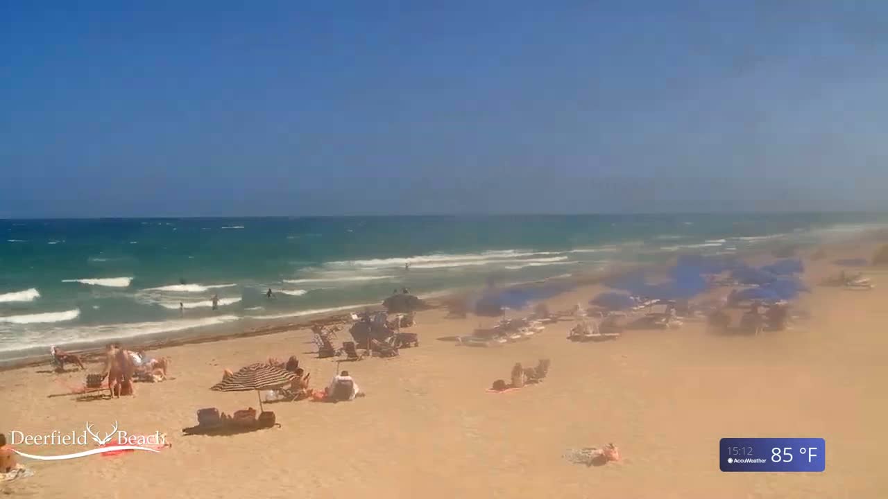 A sandy beach with people sunbathing under umbrellas and swimming in a wavy ocean under a clear blue sky.