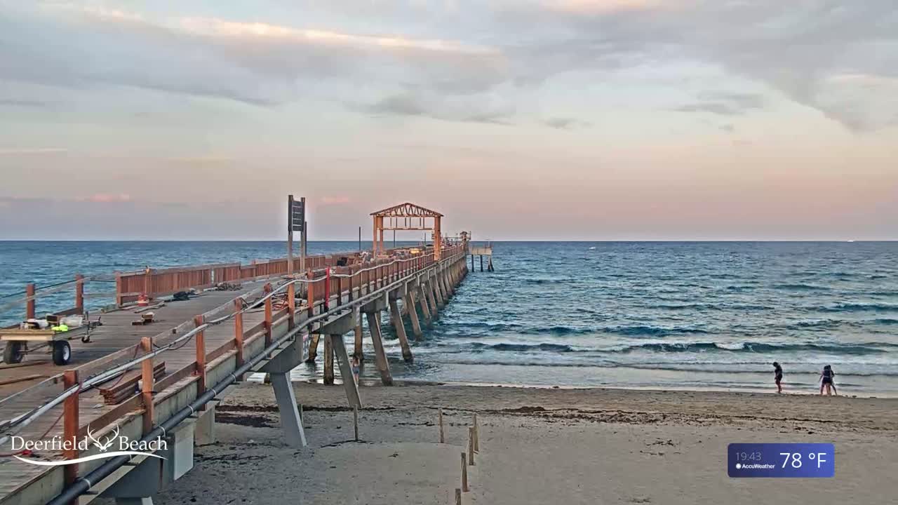 A long wooden pier extends over a calm ocean under a partly cloudy, pinkish sky, with two people walking on the beach in the foreground.