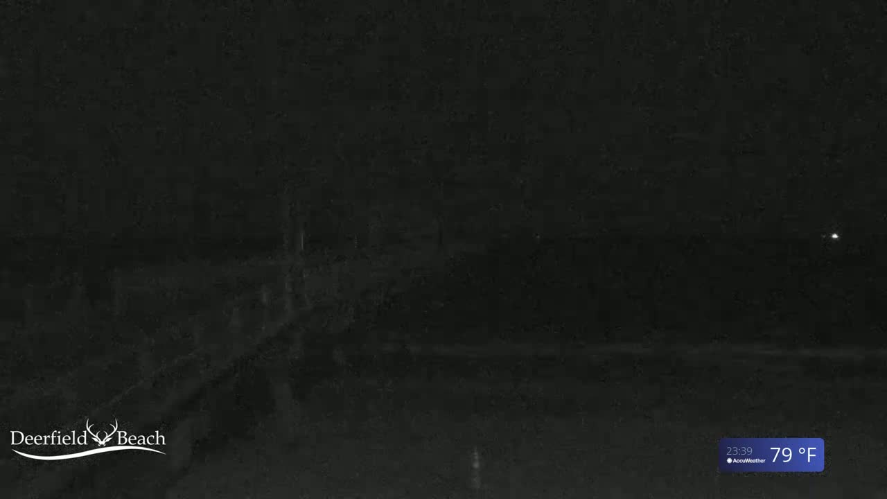 A dark, nighttime scene shows a beach under a clear sky, with a temperature of 79°F.