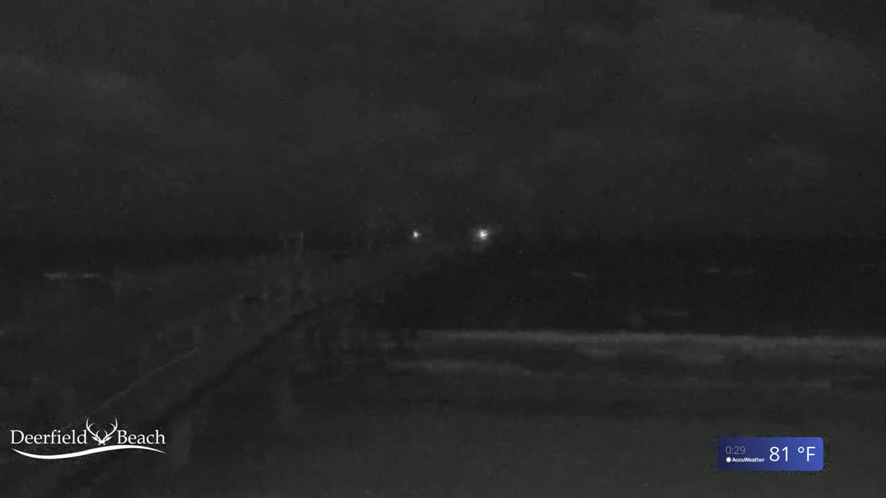 A dark, nighttime scene shows a dimly lit beach area under a cloudy sky, with a few distant lights visible.
