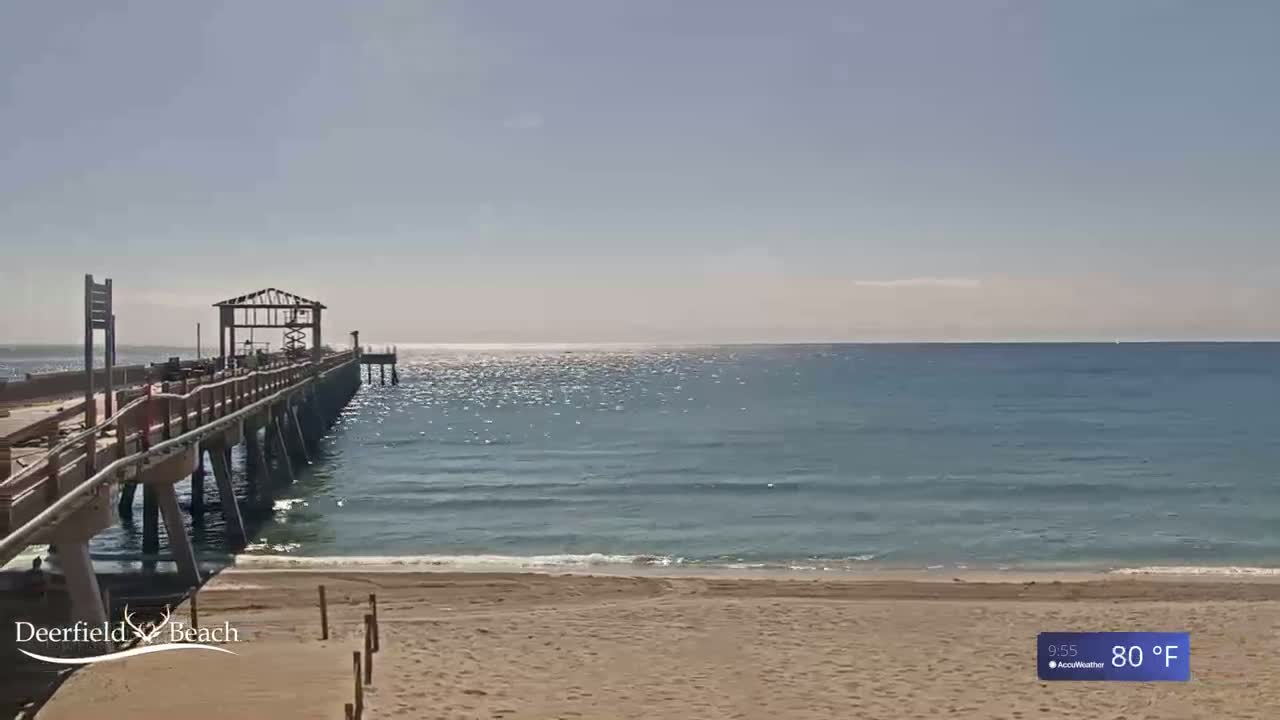 A long pier extends into a calm, blue ocean under a clear, sunny sky, with a sandy beach in the foreground.