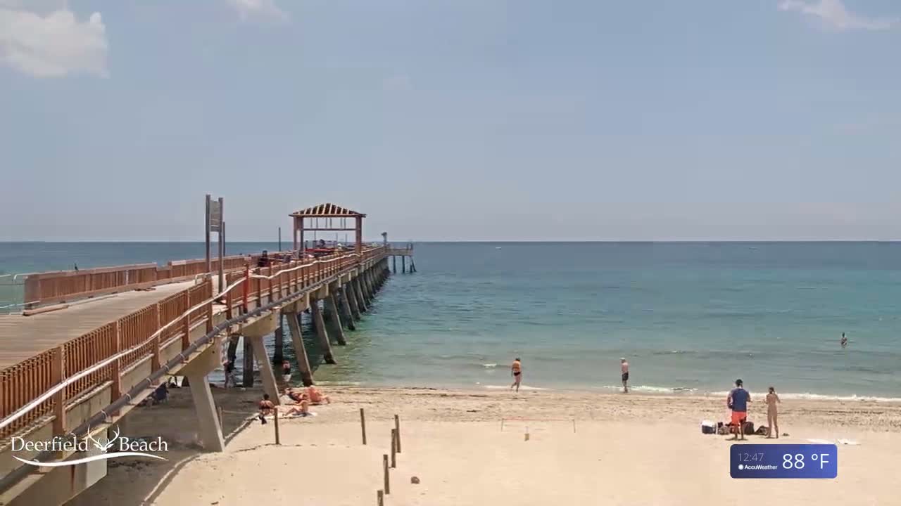 A long wooden pier extends over a sandy beach into a calm, teal ocean under a mostly sunny sky, with several people relaxing on the beach and in the water on a warm, 88°F day.