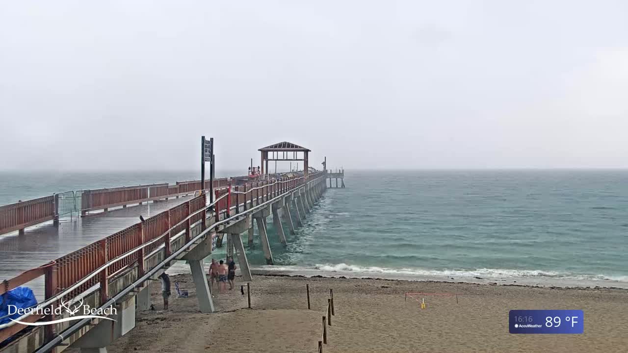 A long wooden pier extends over a calm ocean under an overcast sky, with a few people visible on the beach and pier.