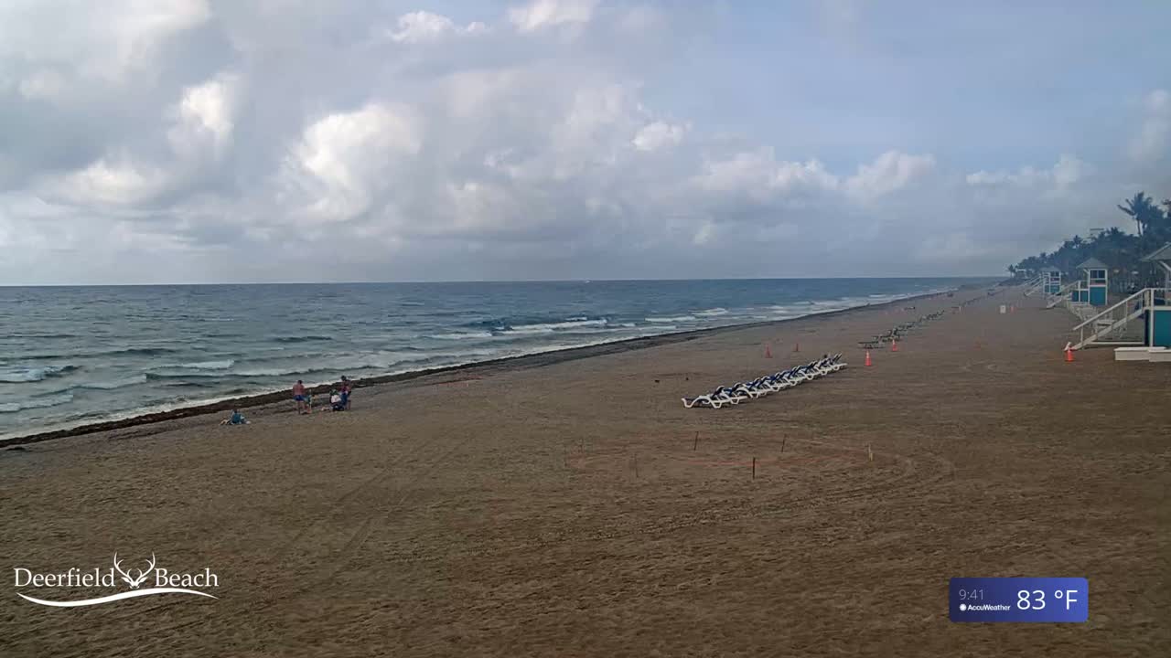 A mostly cloudy day shows a sandy beach with a few people, rows of lounge chairs, and lifeguard stands, with a somewhat choppy ocean in the background.