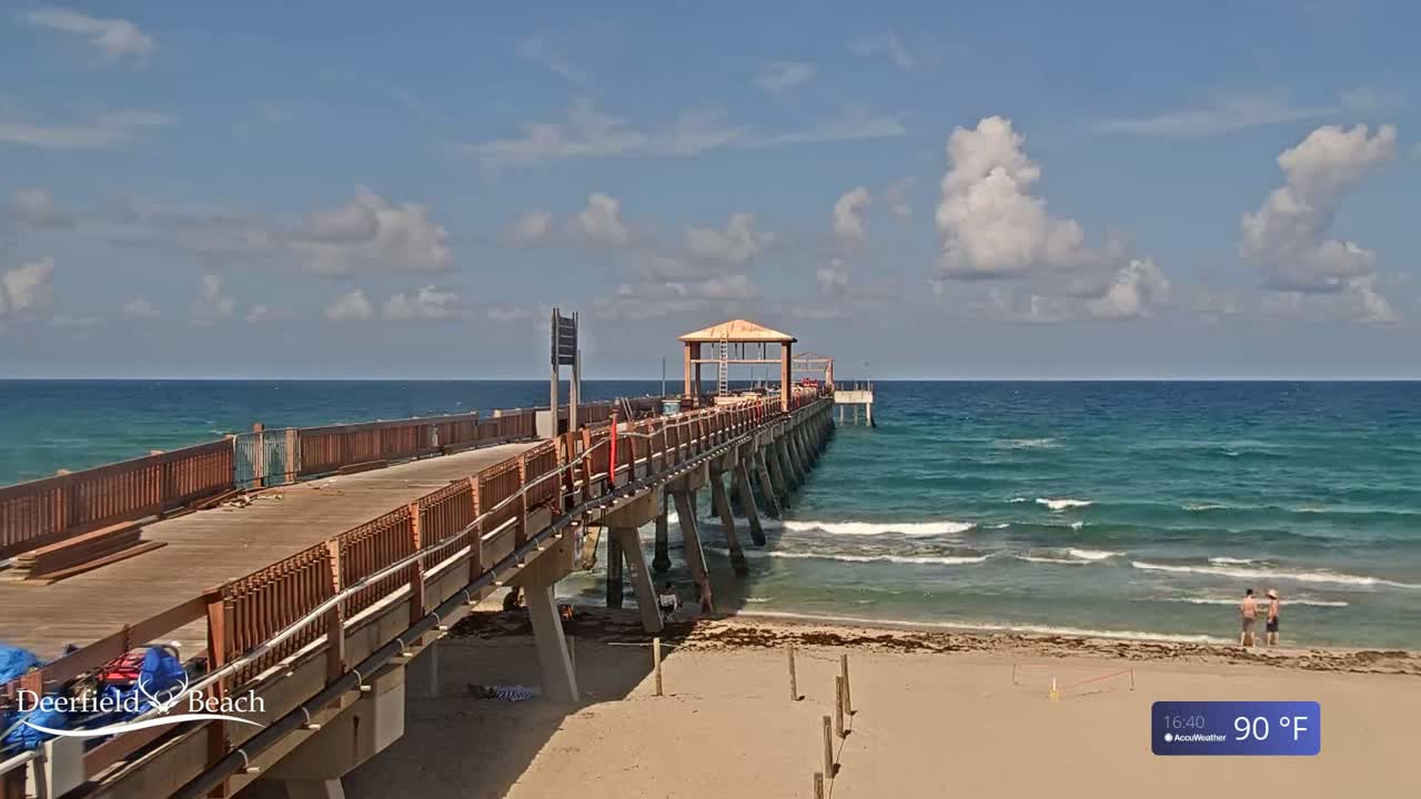 A long wooden pier extends over a teal ocean with small waves under a partly cloudy sky, and two people stand on the beach in the foreground.