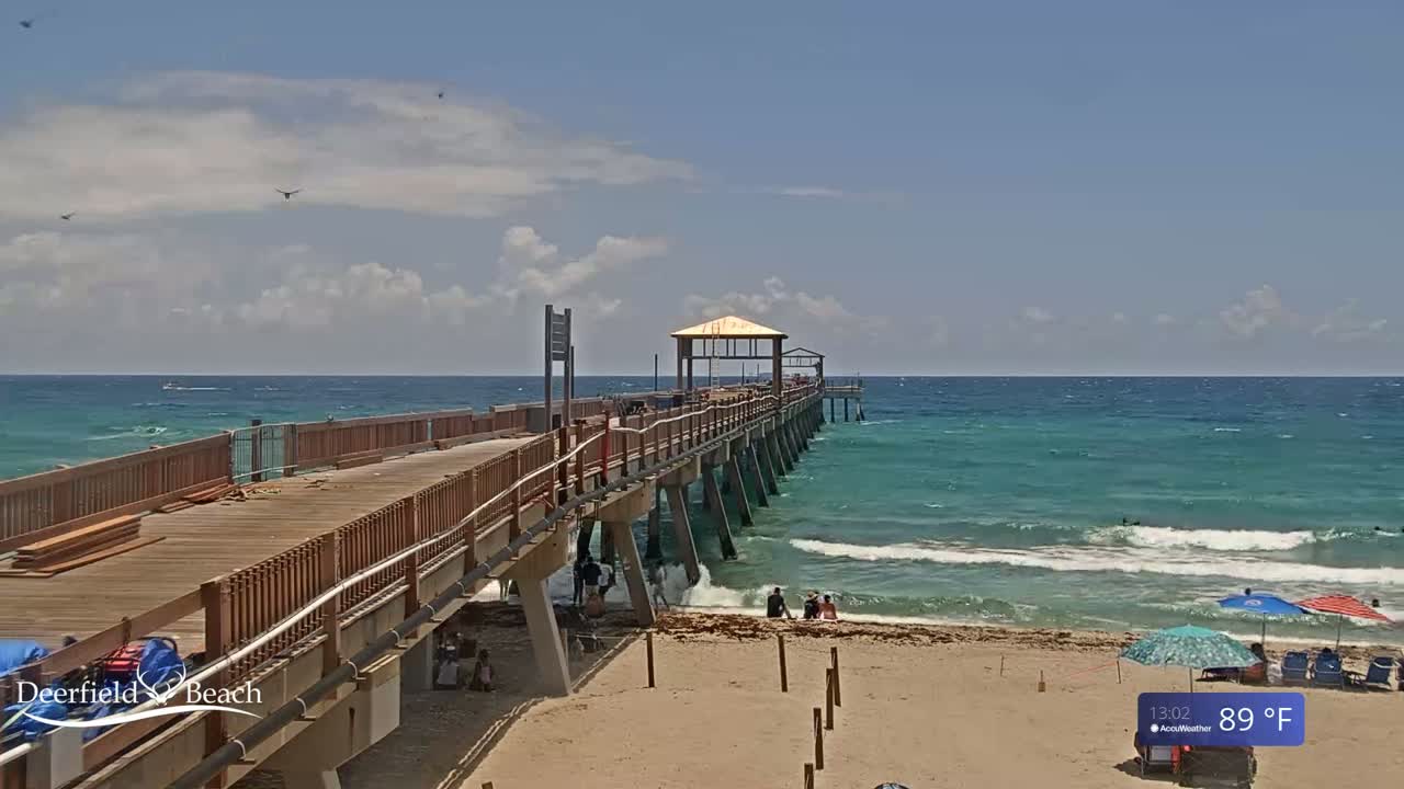 A long pier extends over a teal ocean with gentle waves under a partly cloudy sky, with people visible on the beach and the pier.