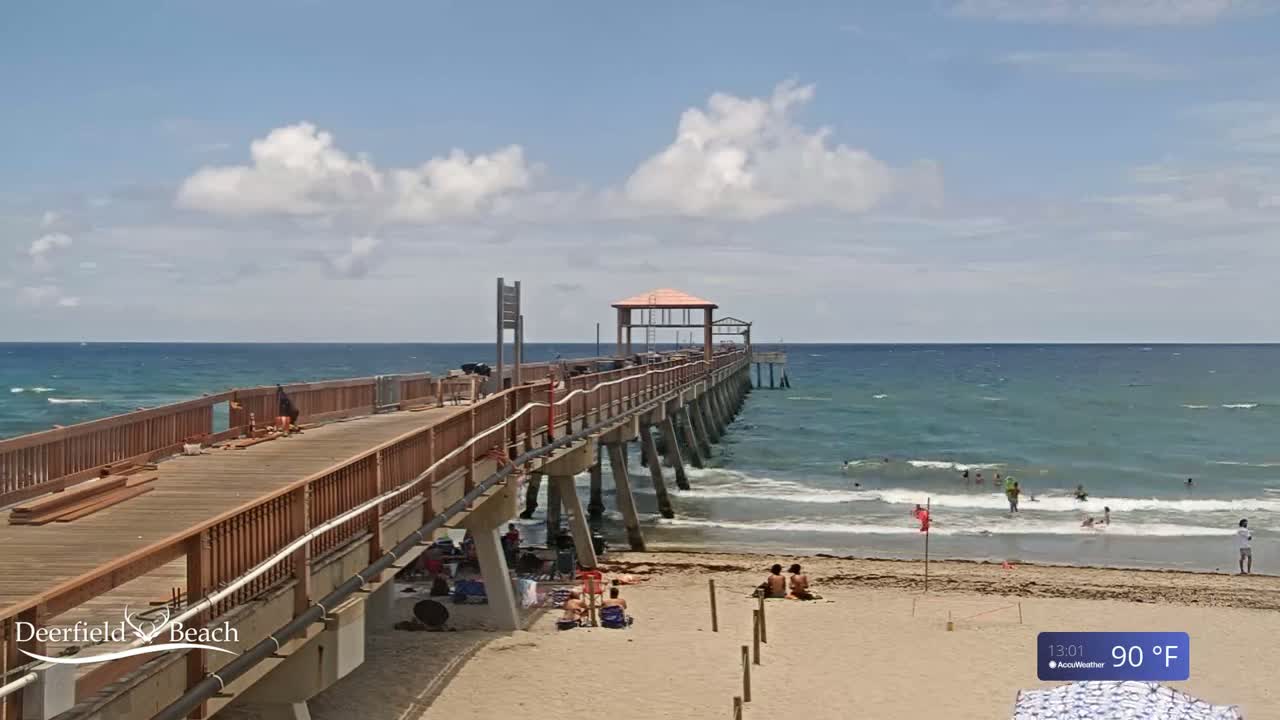 A long wooden pier extends over a blue ocean with small waves under a partly cloudy sky, and people are swimming and sunbathing on the beach below.