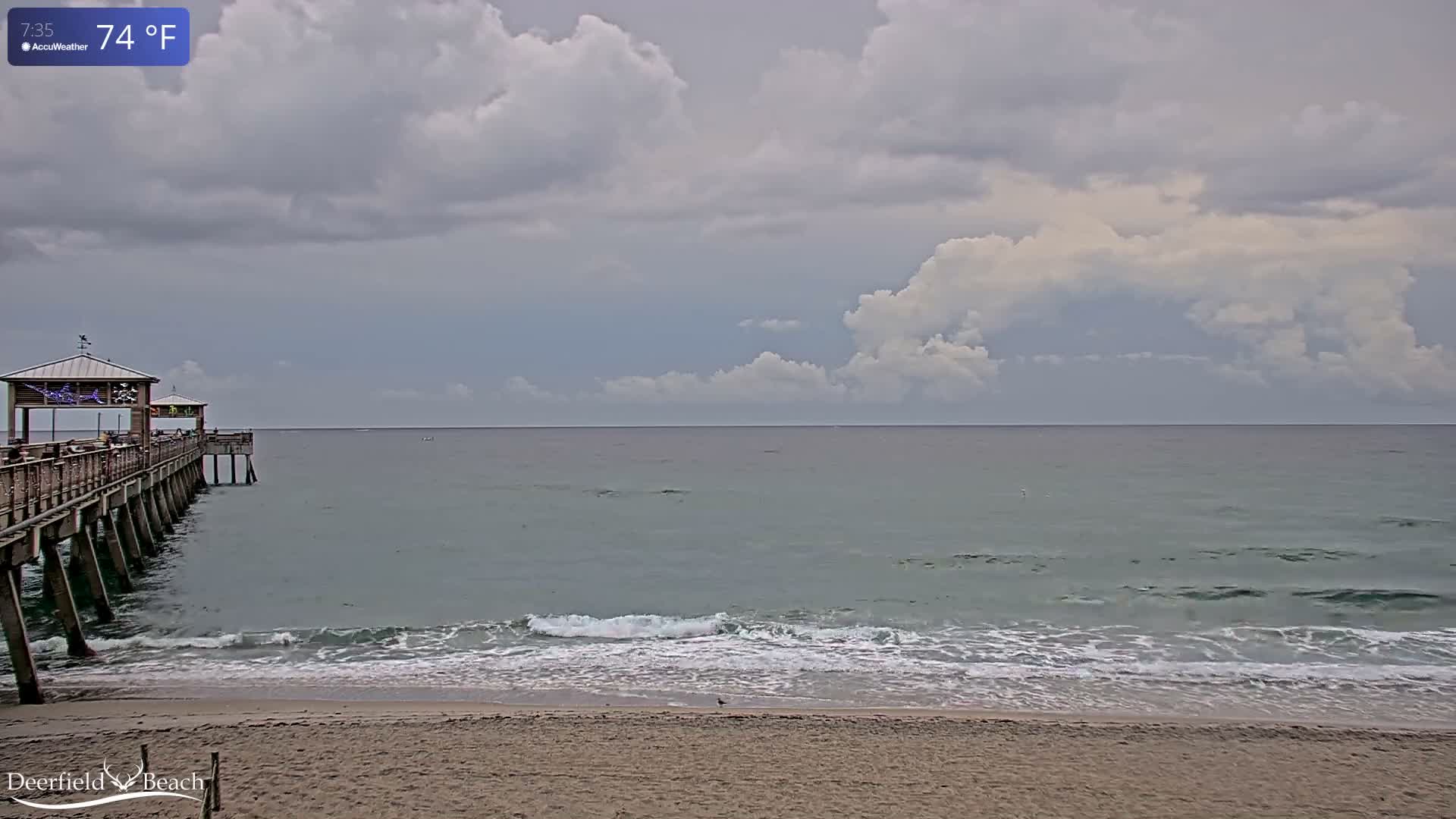 A dark, cloudy night captures a lighted pier stretching into the ocean from a sandy beach, with gentle waves lapping the shore.