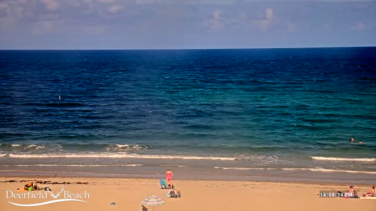 A sandy beach with a few people on it slopes down to a calm, blue-green ocean under a partly cloudy sky.