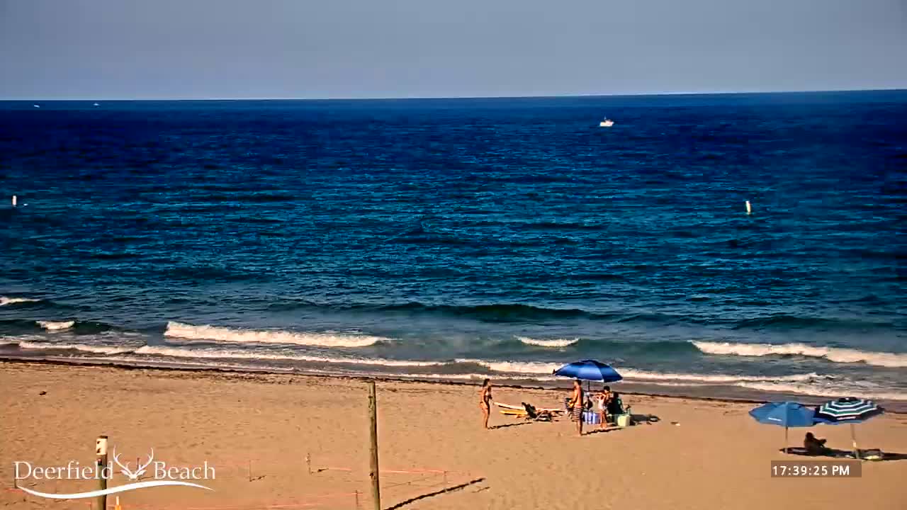 A sandy beach with a few people under umbrellas, gentle waves lapping the shore, and a calm, blue ocean under a clear sky.