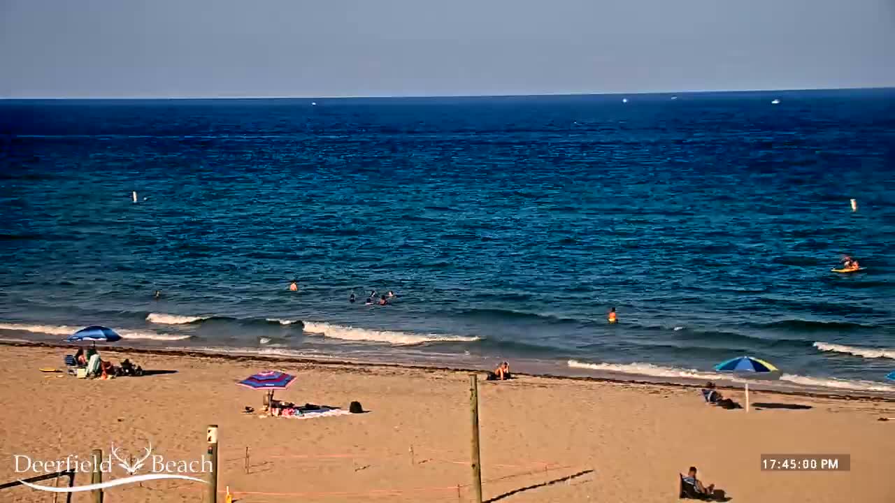 A sandy beach with several people under umbrellas and in the ocean, under a clear blue sky.
