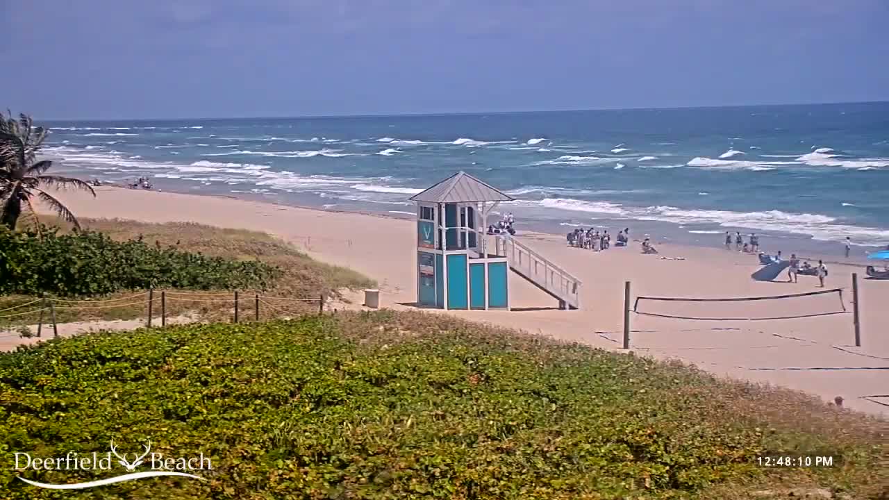 A sandy beach with a lifeguard stand, volleyball net, and several people scattered across it, under a partly sunny sky with moderate waves rolling into the shore.
