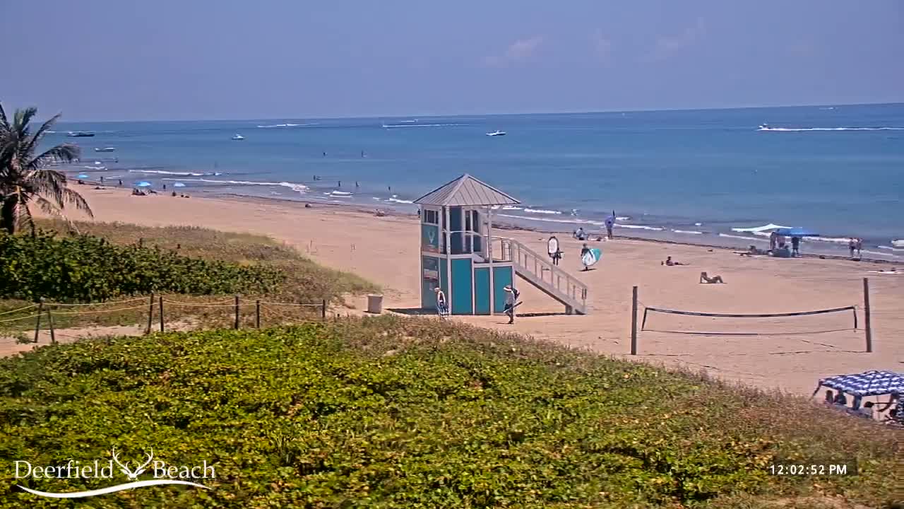 A sandy beach with a lifeguard stand, volleyball net, and scattered people under a sunny sky, with a calm ocean in the background.