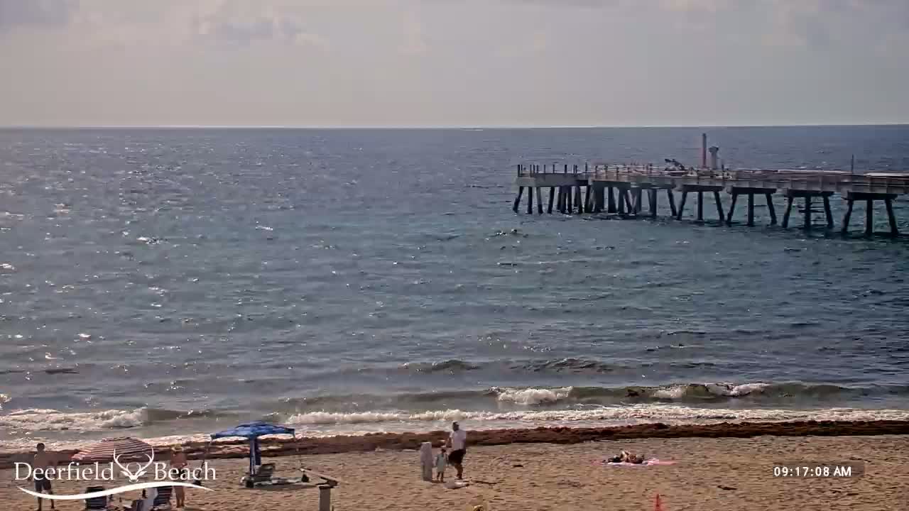 A long pier extends into a somewhat choppy ocean under a partly cloudy sky, with a sandy beach and several people visible in the foreground.