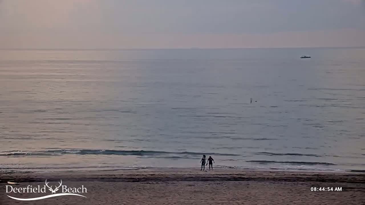 Two people stand on a sandy beach next to a calm ocean under a hazy sky.