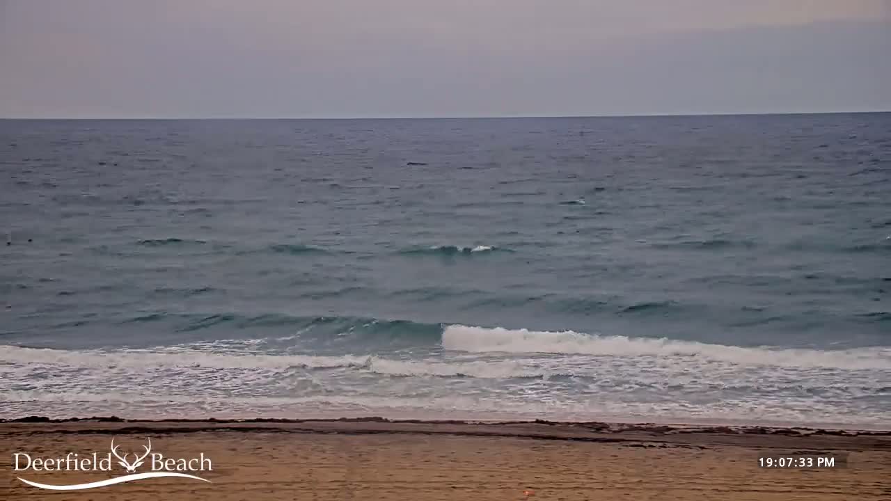 A mostly calm ocean with small waves rolls onto a sandy beach under an overcast sky.
