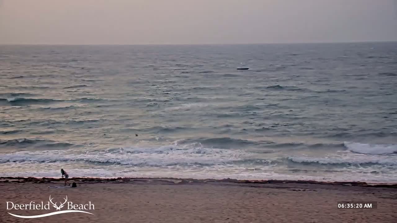 A person stands on a sandy beach near a wavy ocean under an overcast sky.