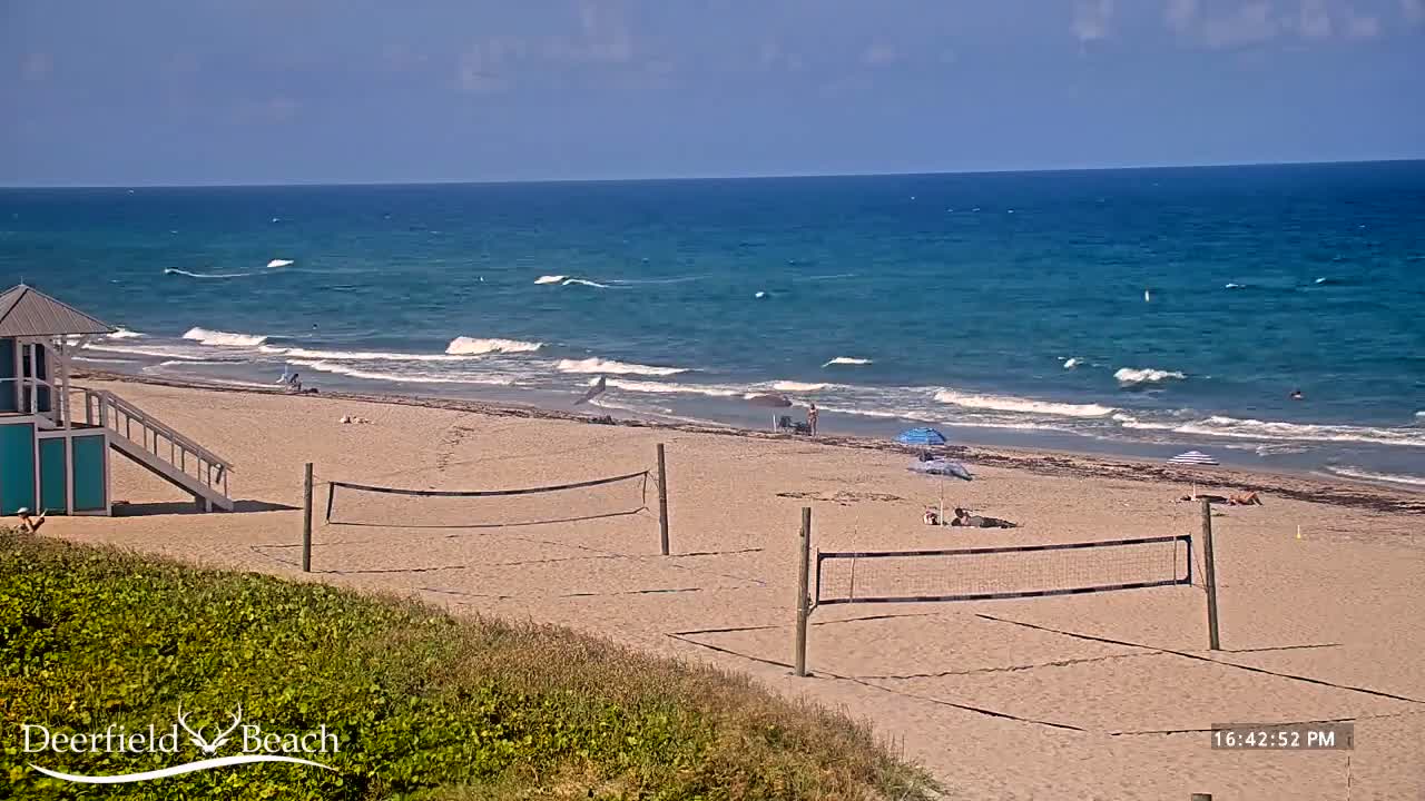 A sandy beach with volleyball nets, a lifeguard stand, and a few people scattered across it, all under a sunny sky and facing a teal ocean with small waves.