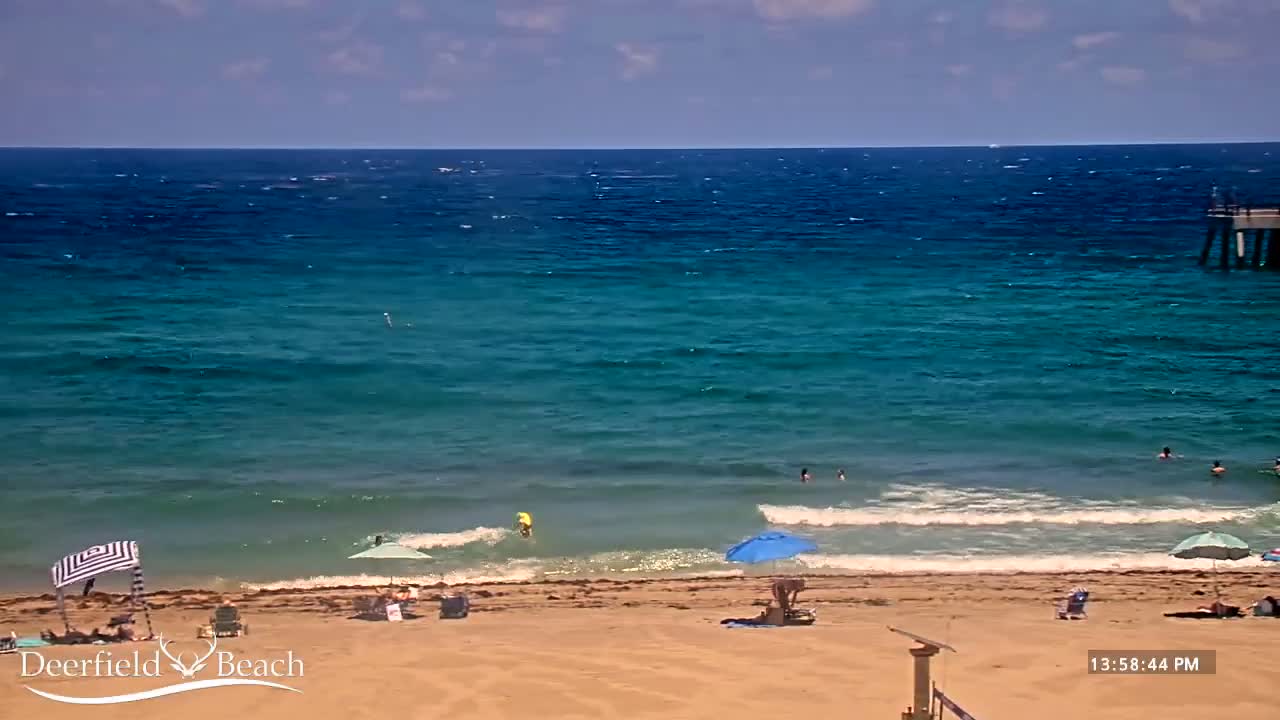 A sandy beach with a few people and umbrellas under a partly sunny sky, meets a teal ocean with small waves and a few people swimming.