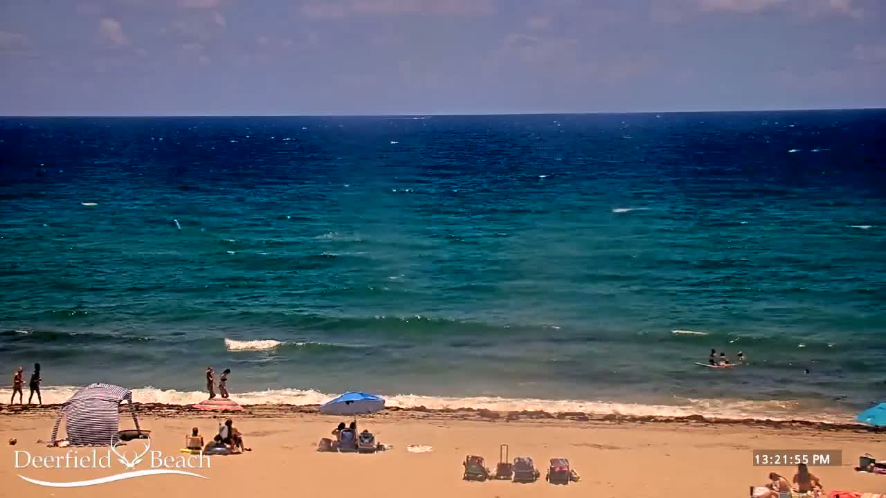 A sandy beach with a few people and umbrellas under a partly cloudy sky, and a calm, teal ocean with small waves.