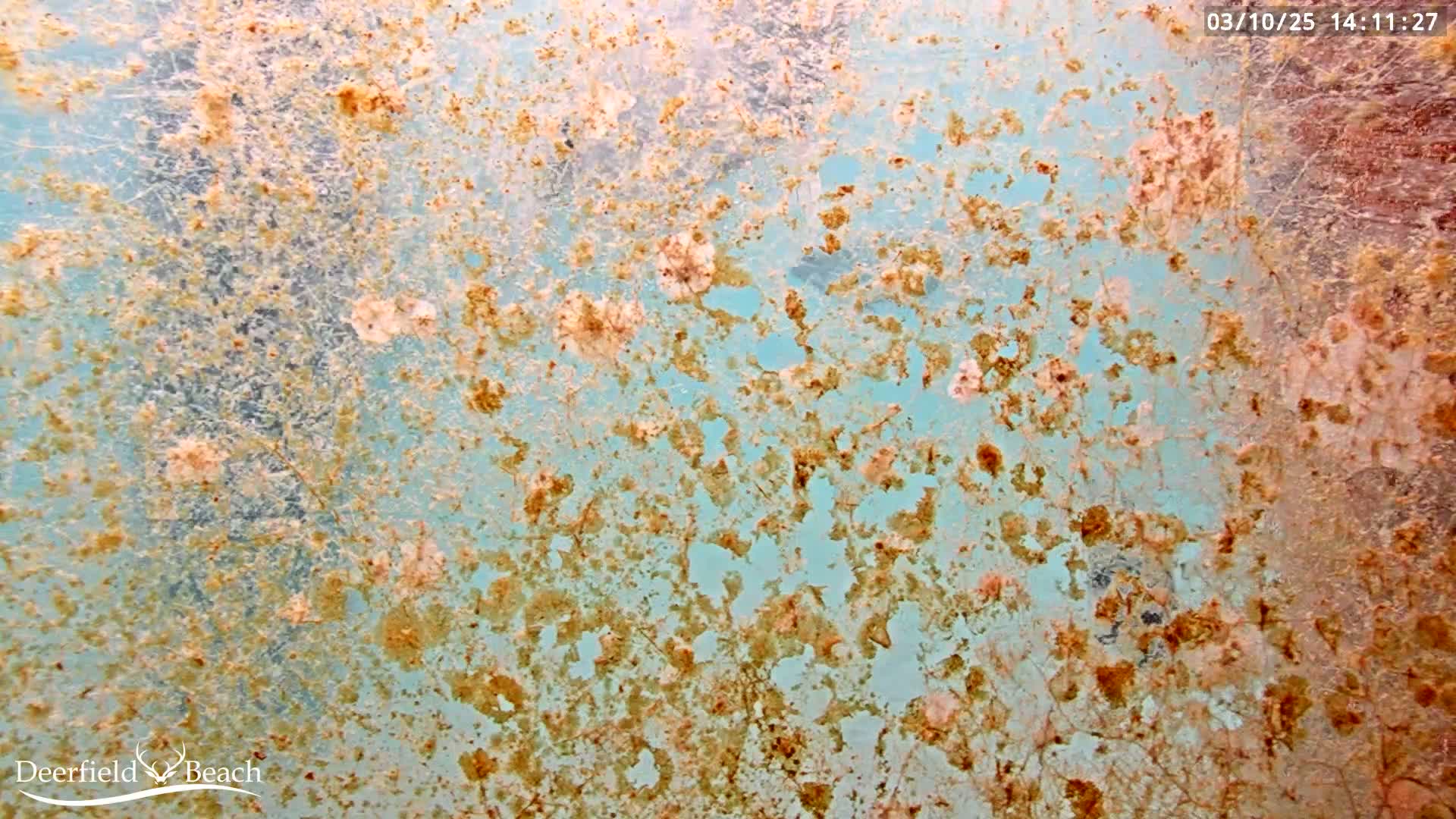 A light teal surface is heavily covered in brown and tan splotches and streaks.