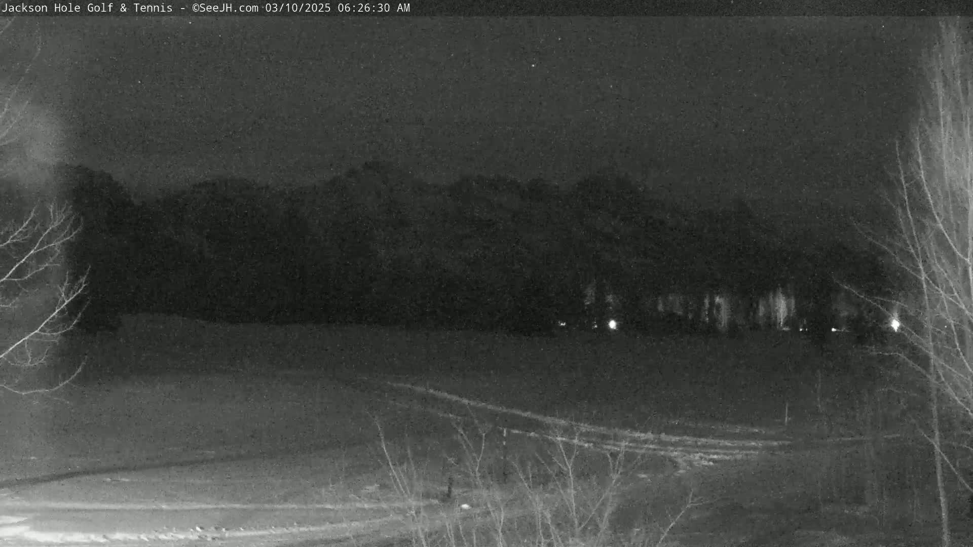 A nighttime view of a snow-covered field with bare trees and distant mountains under a dark sky.