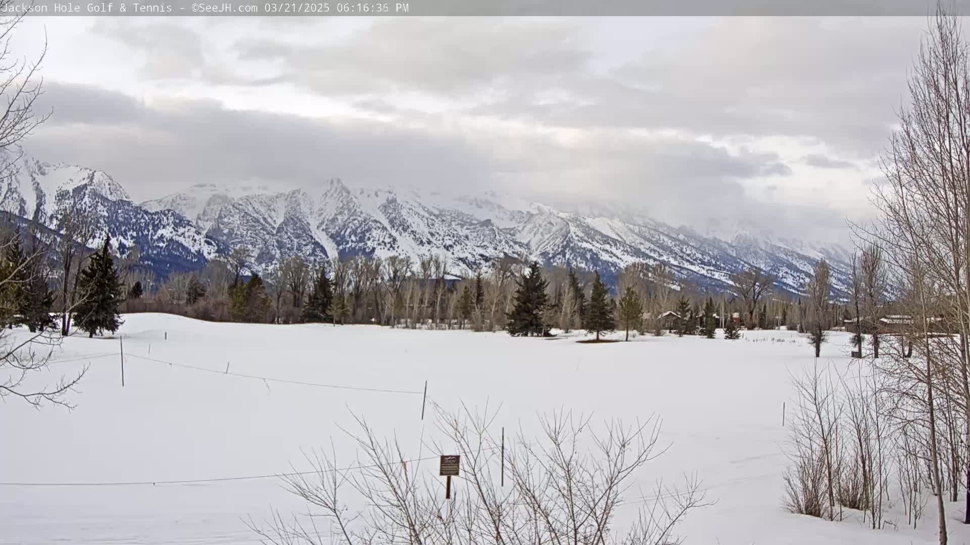 A snow-covered field stretches toward a backdrop of snow-capped mountains under a cloudy sky.