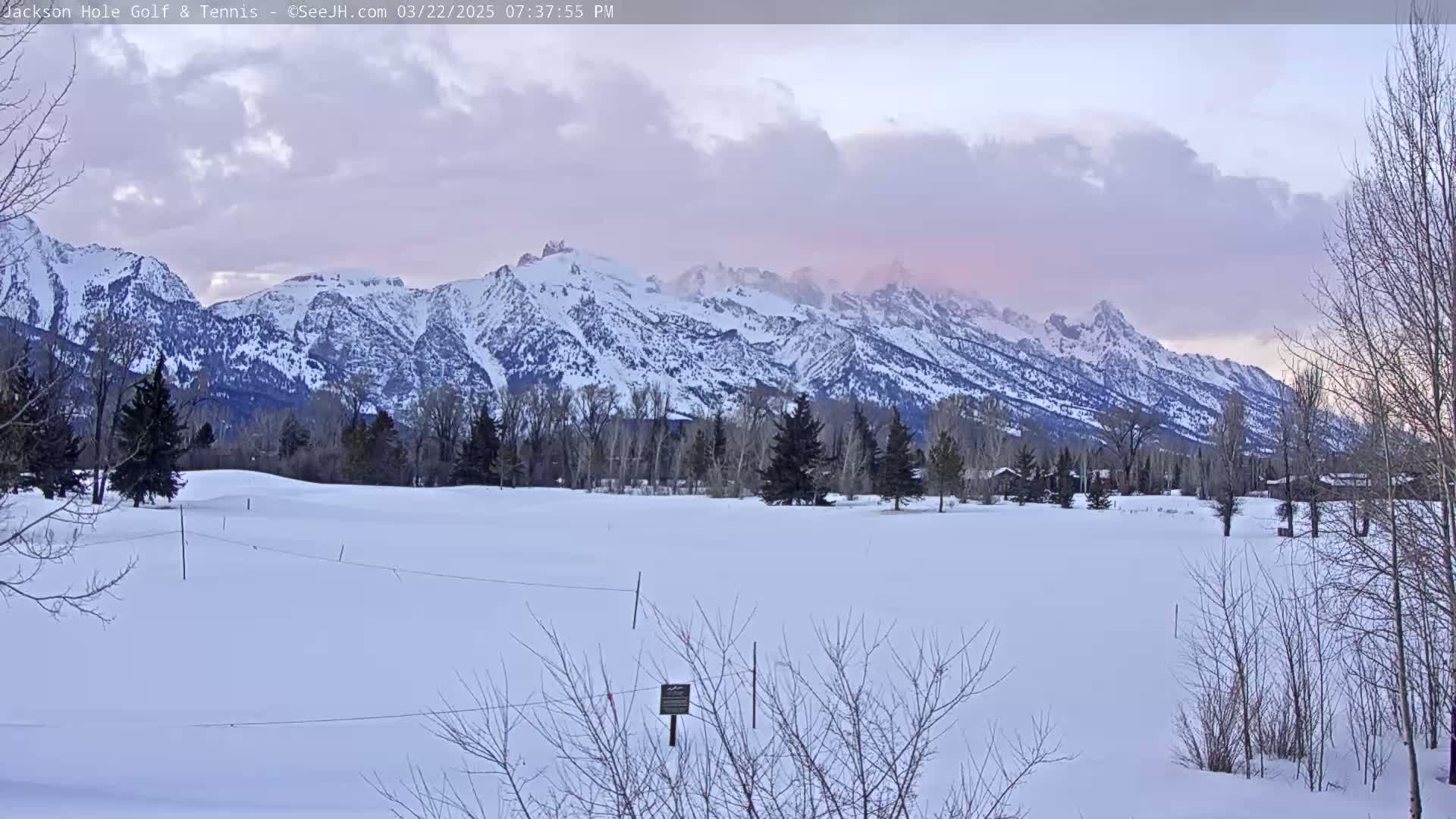 A snow-covered field stretches before a line of snow-capped mountains under a cloudy, pinkish-purple sky.