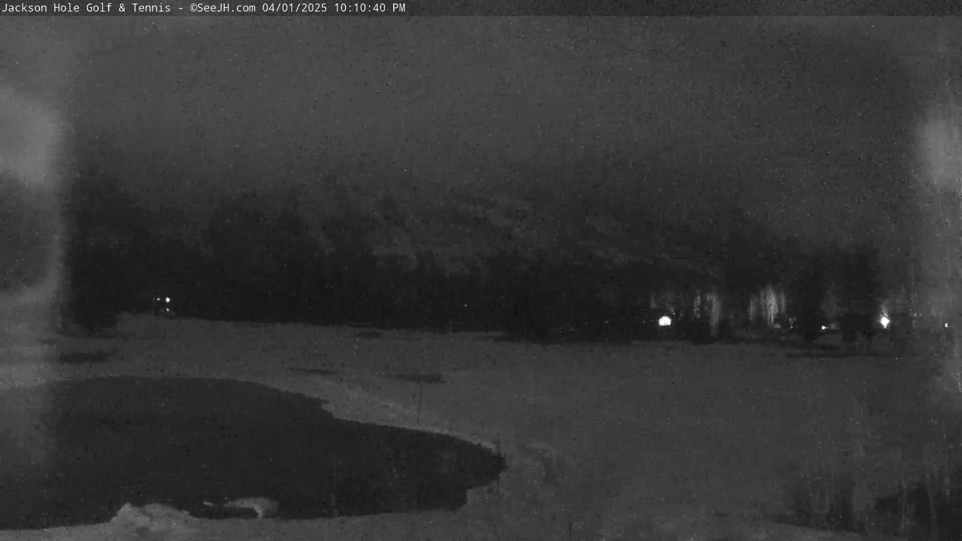 A nighttime, low-light view of a snow-covered landscape with sparsely lit trees and buildings in the distance.