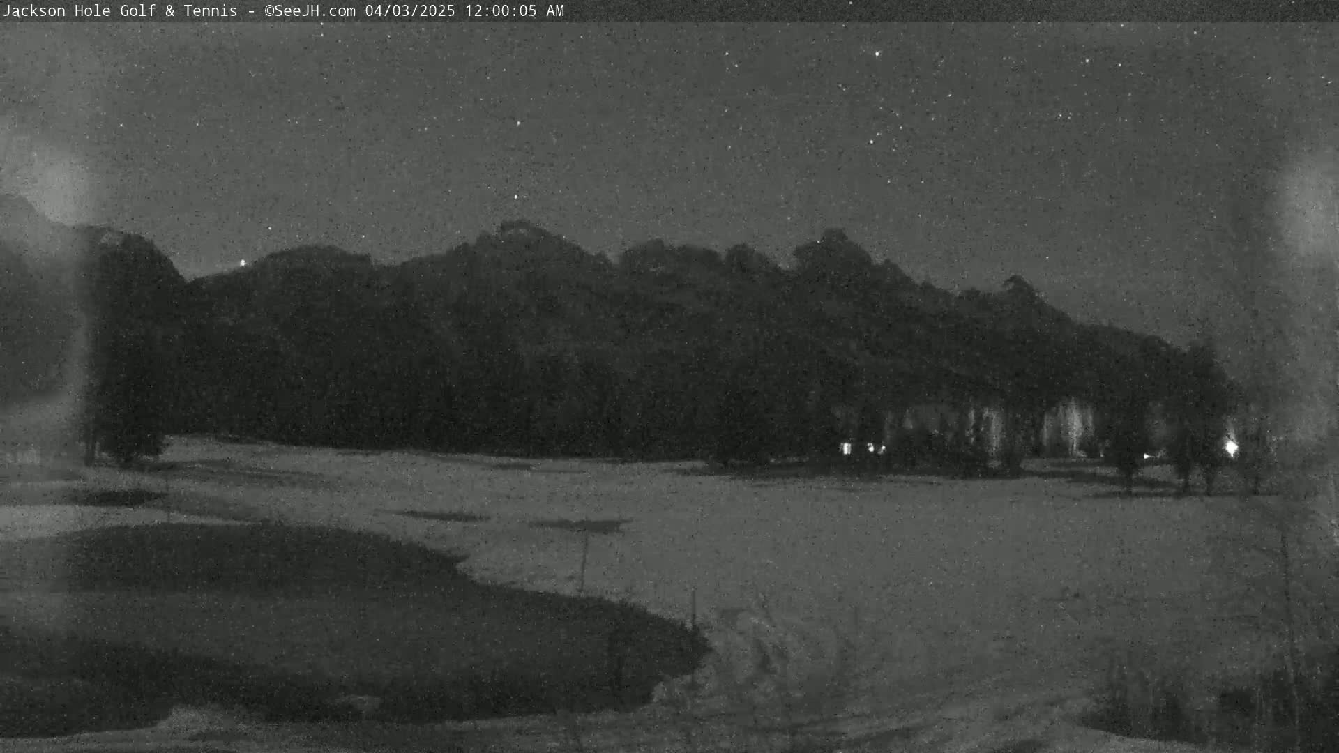 A snow-covered field is visible under a starry night sky, with dark mountains in the background.