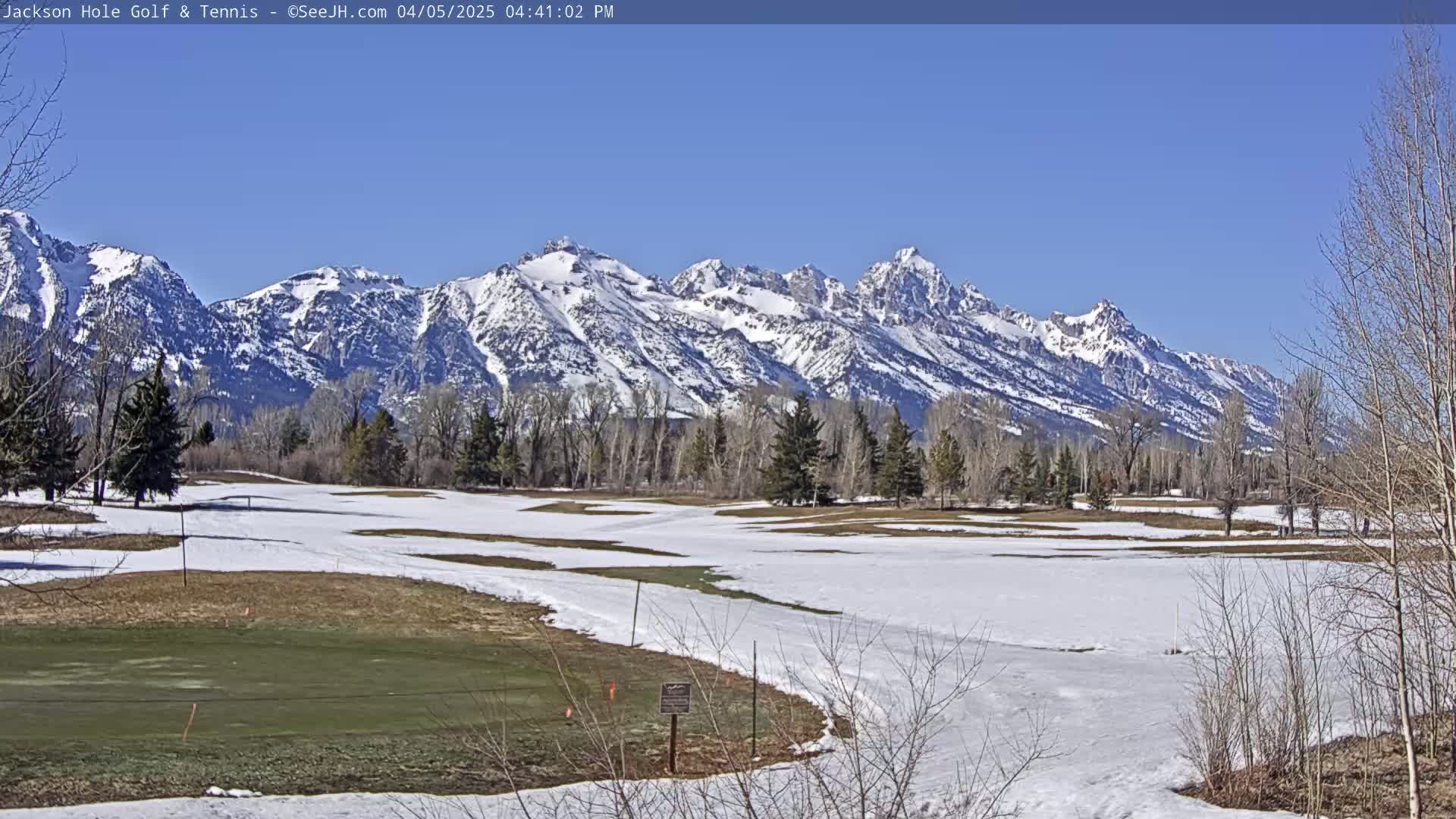 A partially snow-covered golf course with bare trees and a snow-capped mountain range in the background under a clear blue sky.