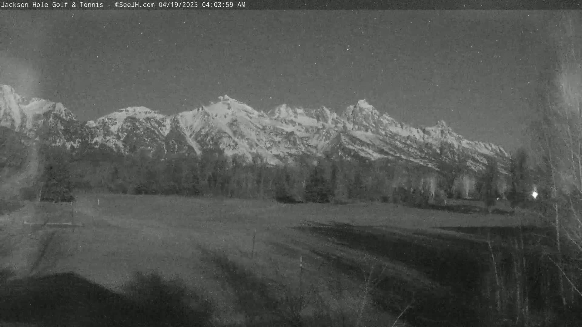 A snow-capped mountain range is visible under a clear, starry night sky, behind a flat expanse of land with some trees.