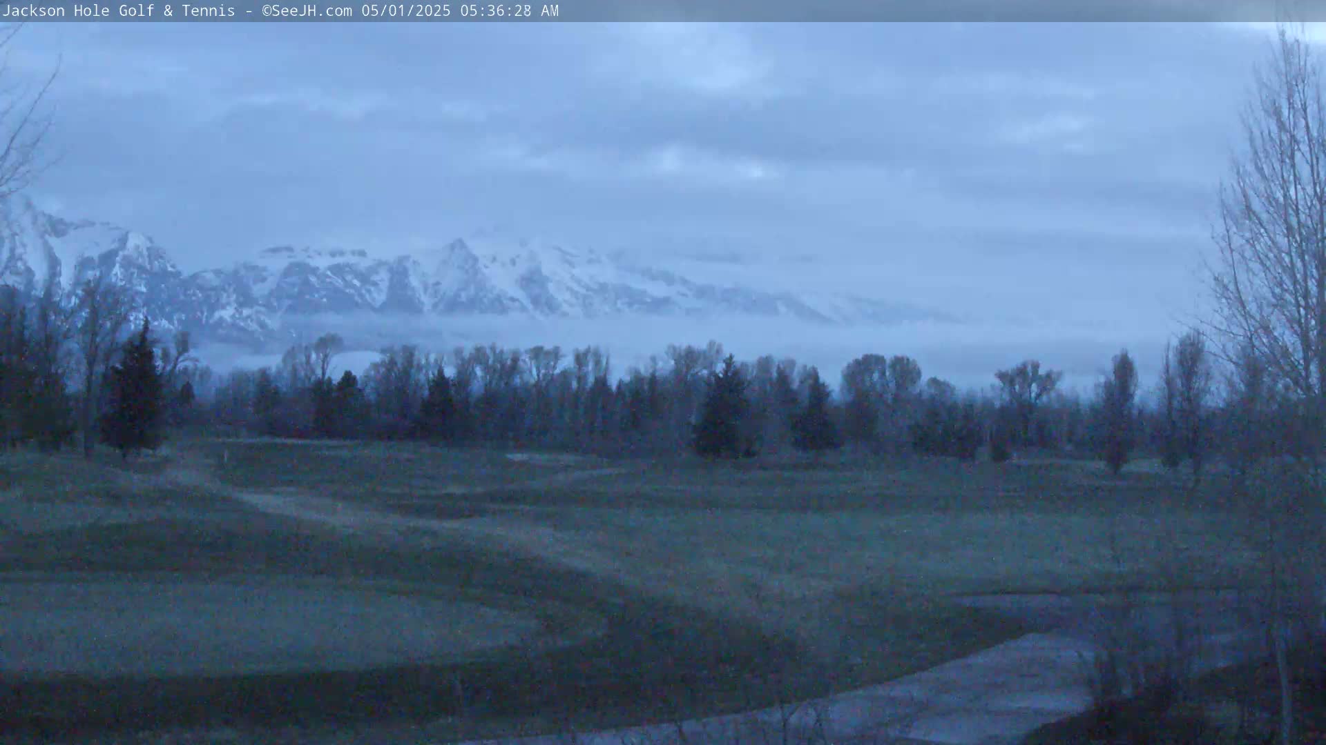 A golf course with leafless trees in the foreground, overlooks a foggy valley with snow-capped mountains in the background under an overcast sky.