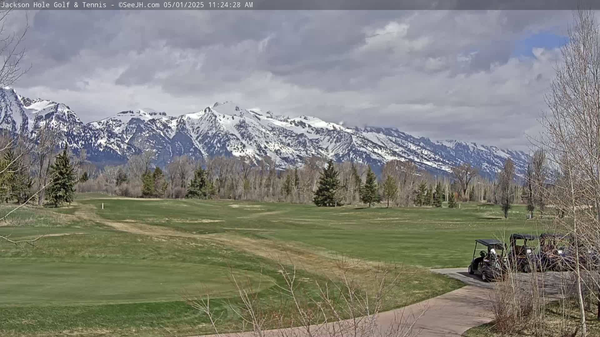 A partially cloudy day shows a snow-capped mountain range in the background of a golf course with two golf carts parked near a path.