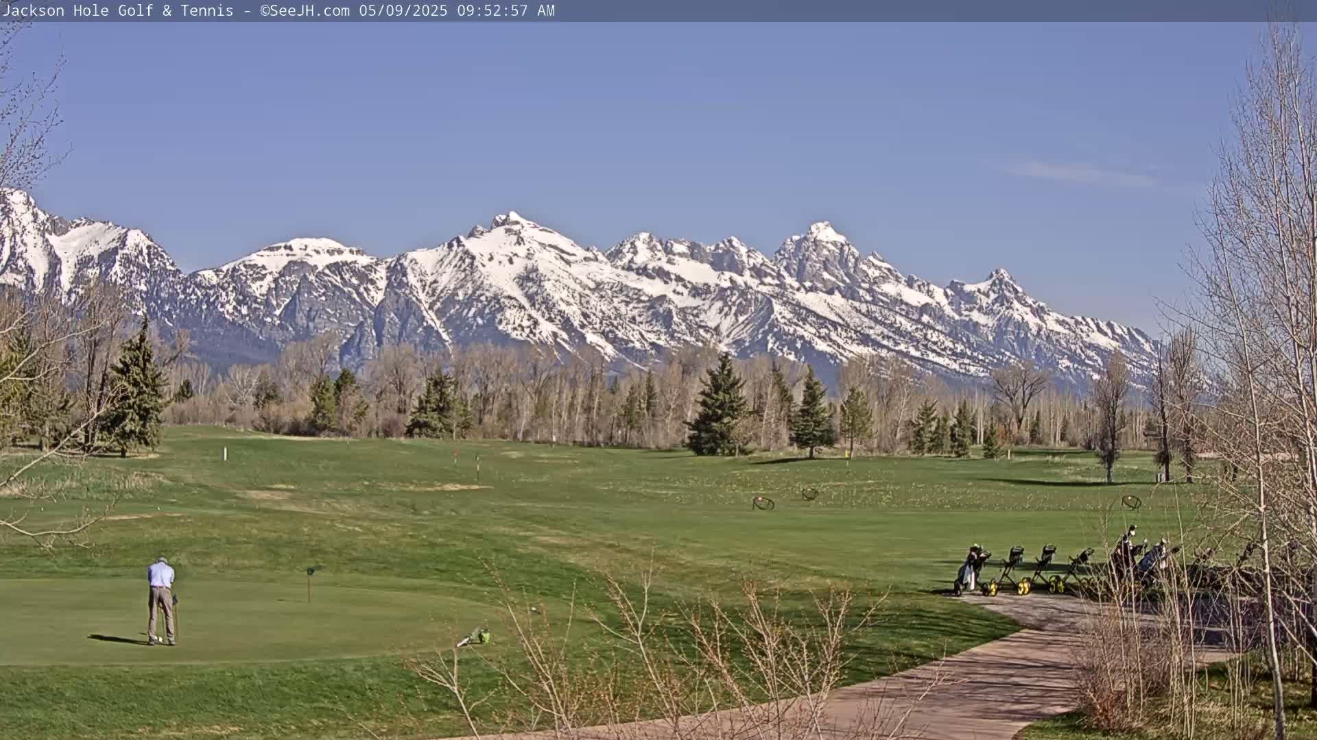 A golfer stands on a green overlooking a golf course with snow-capped mountains in the background under a clear blue sky.