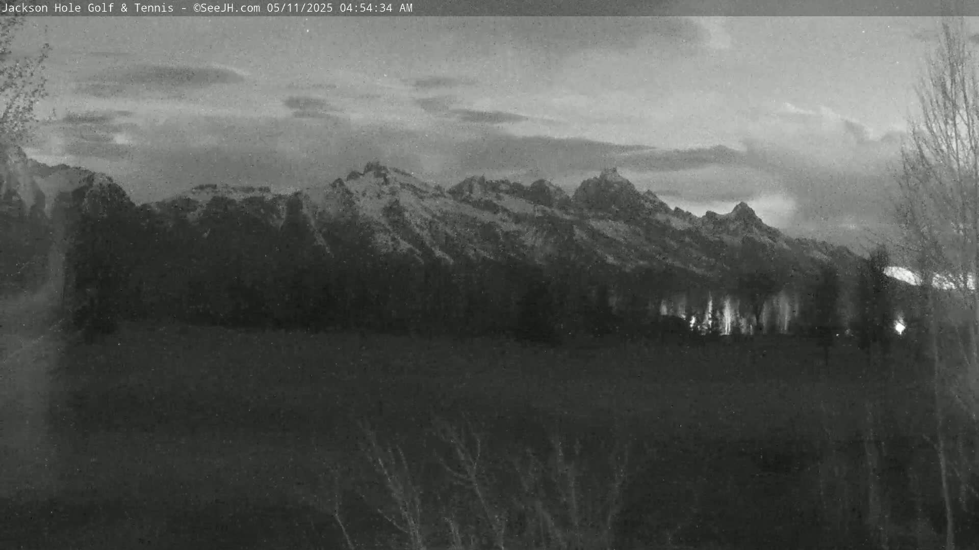 A snow-capped mountain range is visible at dawn under a cloudy sky, with a flat expanse of land and sparse trees in the foreground.
