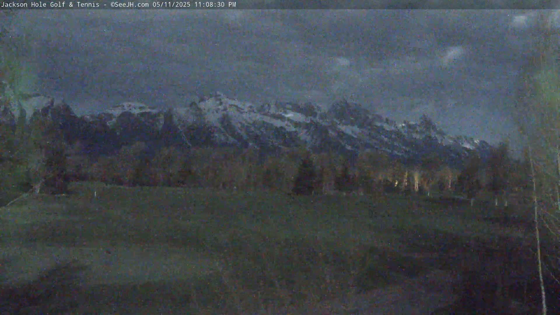 Snow-capped mountains are visible in the distance under a twilight sky over a dark, grassy field and line of trees.