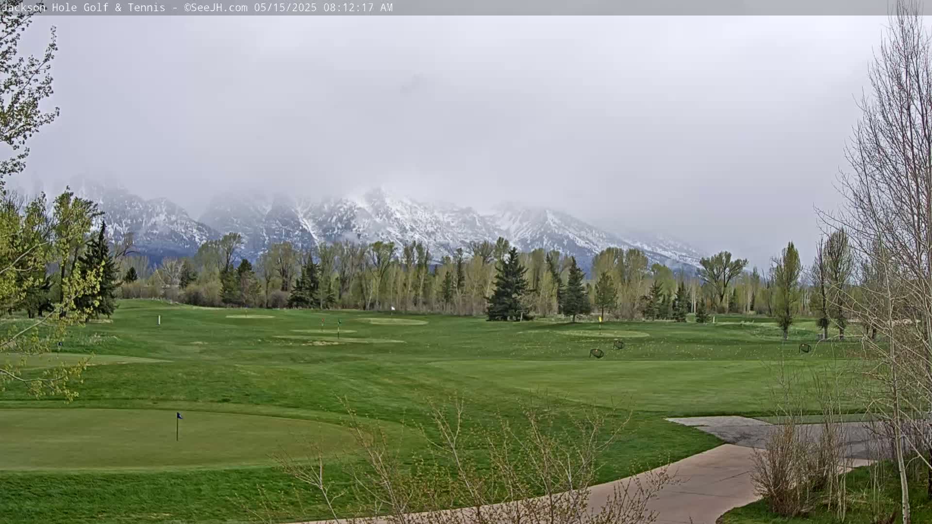 A golf course with snow-capped mountains in the background under an overcast sky.
