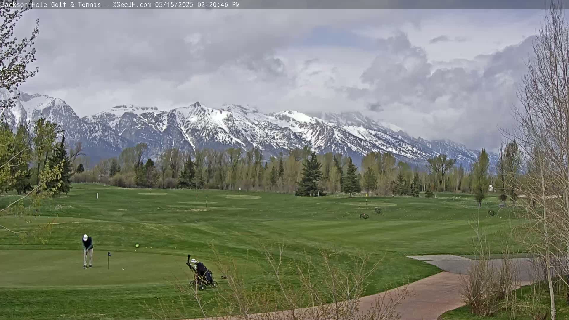 A golf course with two golfers, one putting and one near a golf cart, stretches out before a backdrop of snow-capped mountains under a cloudy sky.