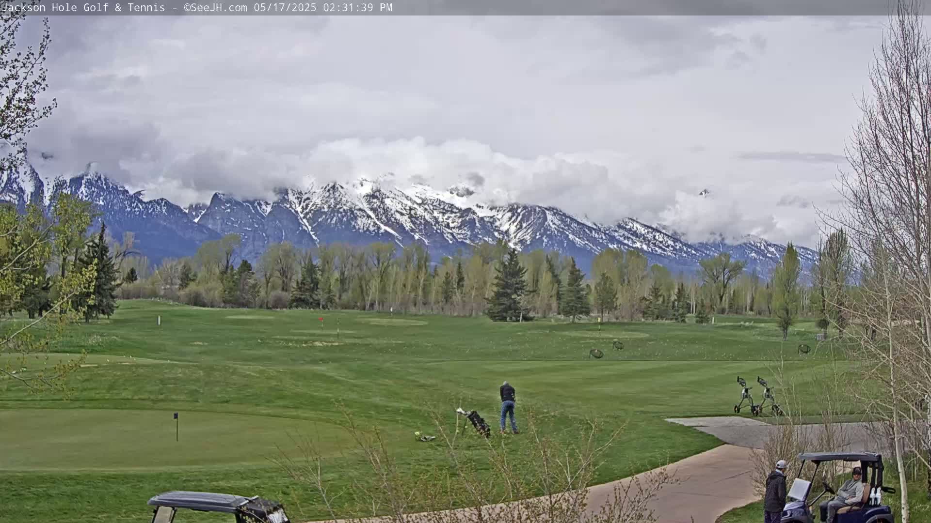 A golfer stands on a green golf course with a partially cloudy sky and snow-capped mountains in the background.