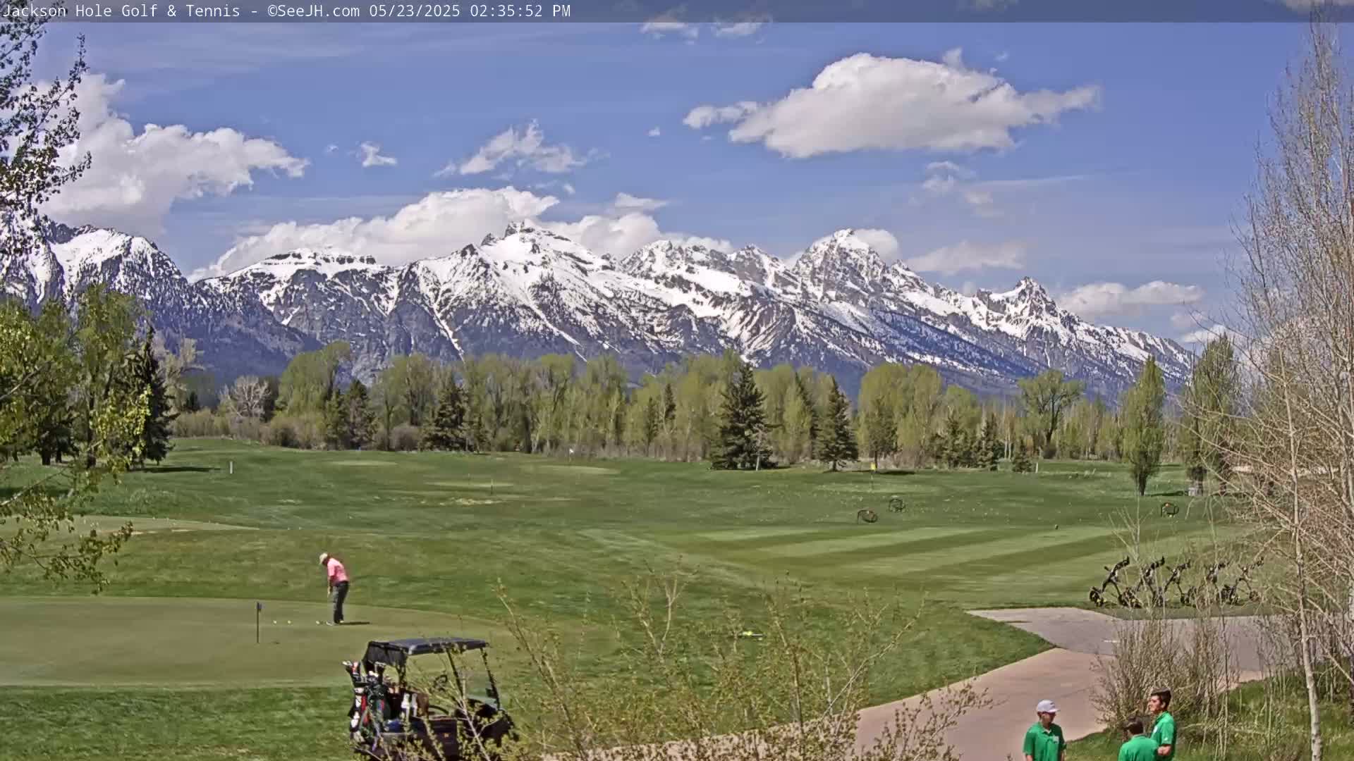 A golfer putts on a green, a golf cart is parked nearby, and snow-capped mountains are visible in the background under a partly cloudy sky.