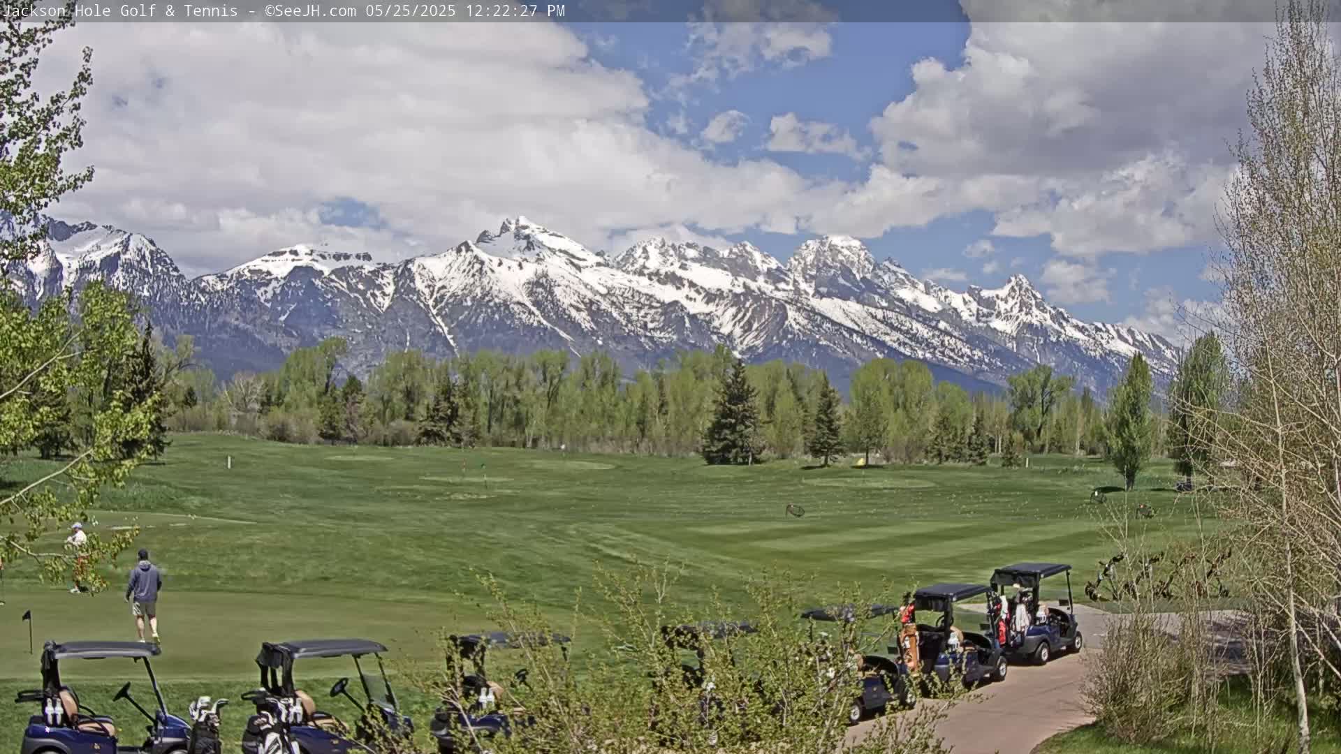 A sunny day with partly cloudy skies shows a golf course with several golf carts parked near the green, with snow-capped mountains in the background.